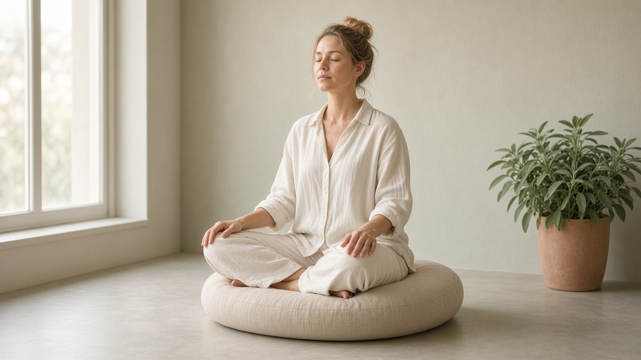 Žena sedí v meditácii pri okne